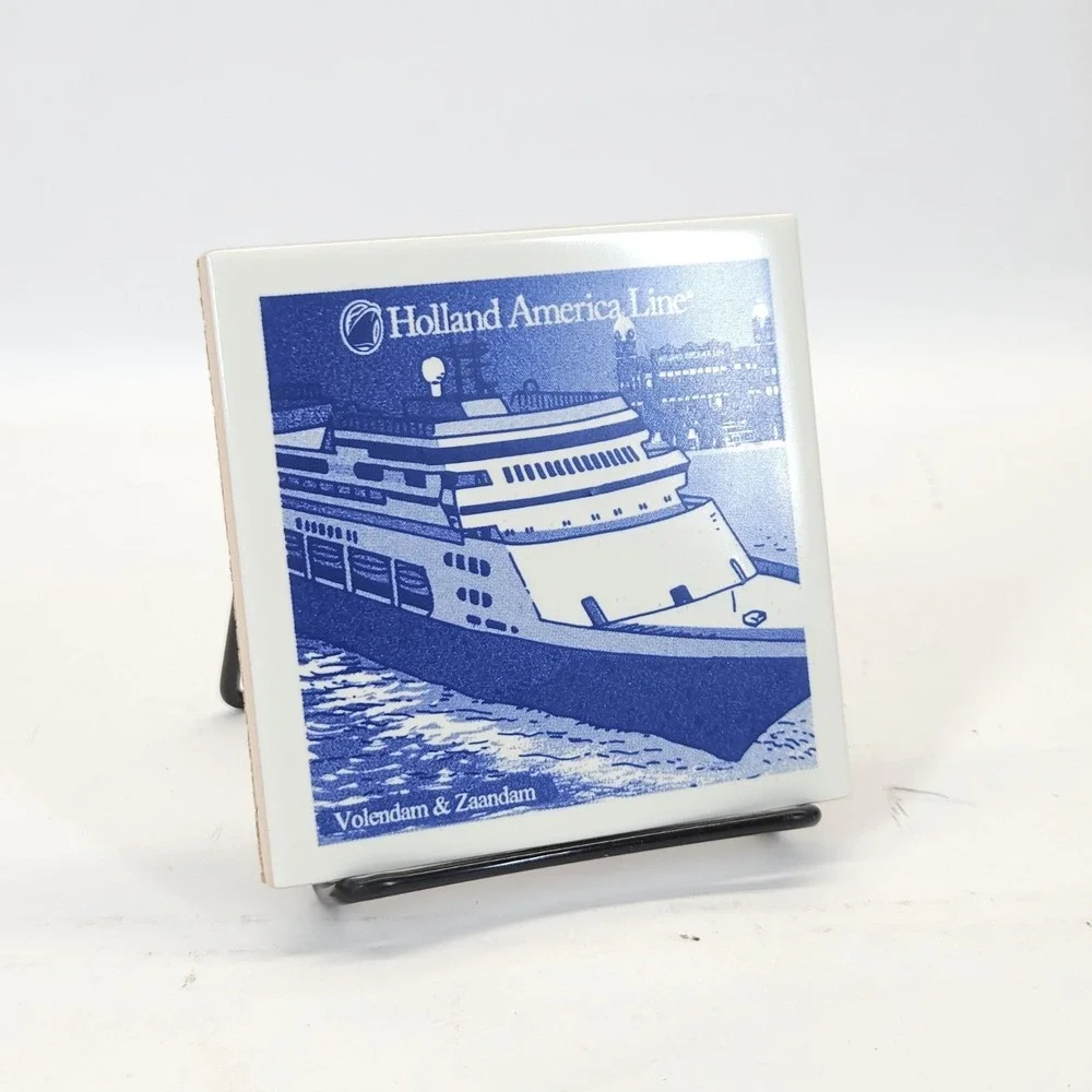 Vtg Holland America Line Tile Coaster Delft Blue Maritime Coastal Decorative 4pc
